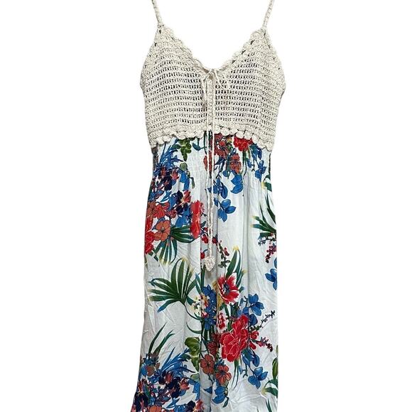 Crochet Floral Sundress Womens Large Boho Knee Length Resort Tropical‎ Festival - Picture 1 of 13
